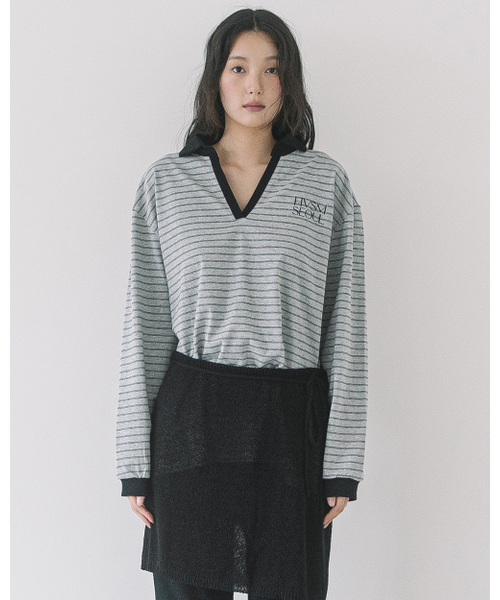 Stripe V‑neck Collar L/S Tee — длинный рукав, серый
