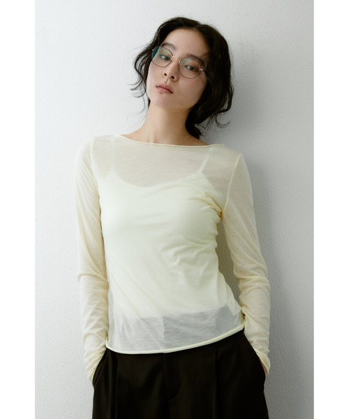 ANF.MUU(アンフムー)の「シアーボートネックロンT(Tシャツ/カットソー・レディース・ブルー/グレー/ブラック/イエロー/ピンク/ホワイト・FREE)」の1枚目の写真