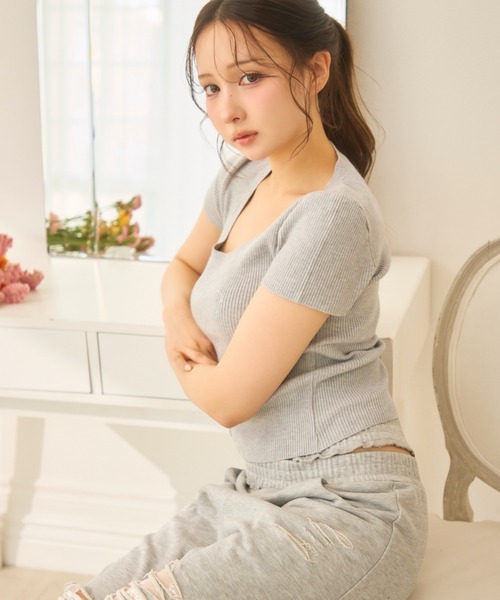 TITTY&CO.（ティティーアンドコー）の「リボンラインストーンラメニットトップス（ニット/セーター・レディース・グレー/アイボリー・FREE）」の11枚目の写真