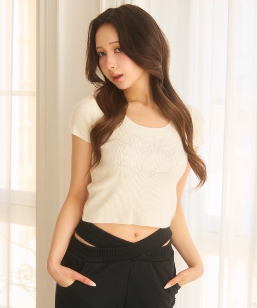 TITTY&CO.（ティティーアンドコー）の「リボンラインストーンラメニットトップス（ニット/セーター・レディース・グレー/アイボリー・FREE）」の21枚目の写真