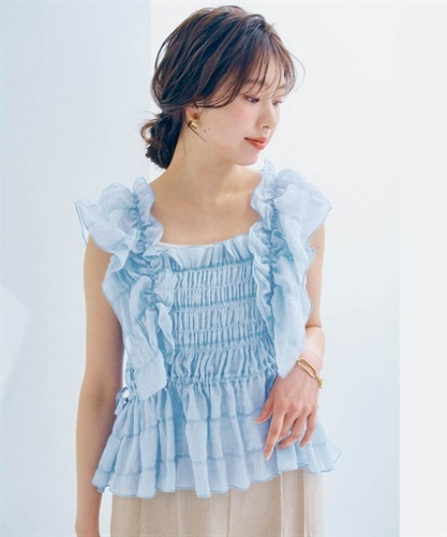 nissen(ニッセン)の「楊柳シャーリングフリルトップス(Tシャツ/カットソー・レディース・ブラック/ブルー・M/S/LL/L)」の2枚目の写真