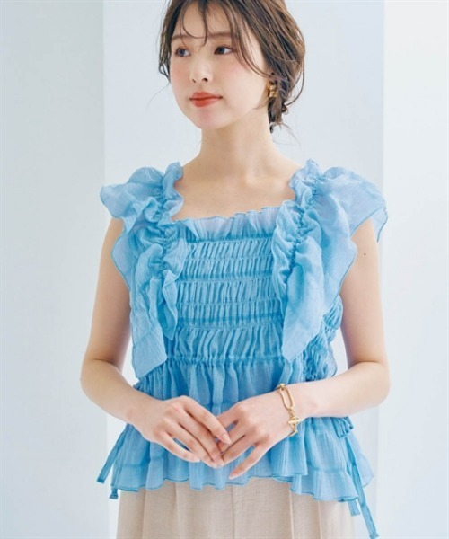 nissen(ニッセン)の「楊柳シャーリングフリルトップス(Tシャツ/カットソー・レディース・ブラック/ブルー・M/S/LL/L)」の7枚目の写真