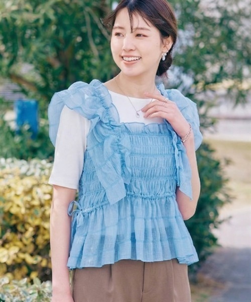 nissen(ニッセン)の「楊柳シャーリングフリルトップス(Tシャツ/カットソー・レディース・ブラック/ブルー・M/S/LL/L)」の10枚目の写真