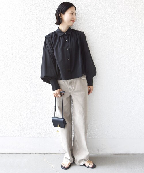 【茜】Sサイズ、ブラウス黒とボンネット 堀田茜×SHIPS:〈接触冷感/撥水/洗濯機可能〉TEXBRID(R) ギャザー