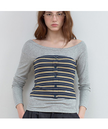 STRIPE BUTTON BUSTIER LAYERED LONG SLEEVE GY+NV