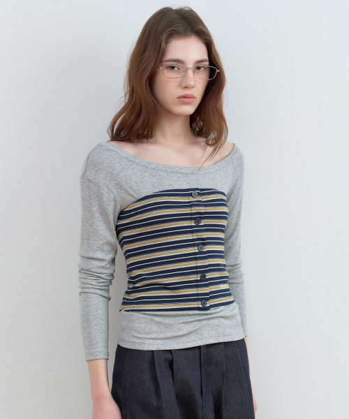 ROLAROLA(ロラロラ)の「STRIPE BUTTON BUSTIER LAYERED LONG SLEEVE GY+NV(Tシャツ/カットソー・レディース・グレー×サックスブルー・FREE)」の2枚目の写真