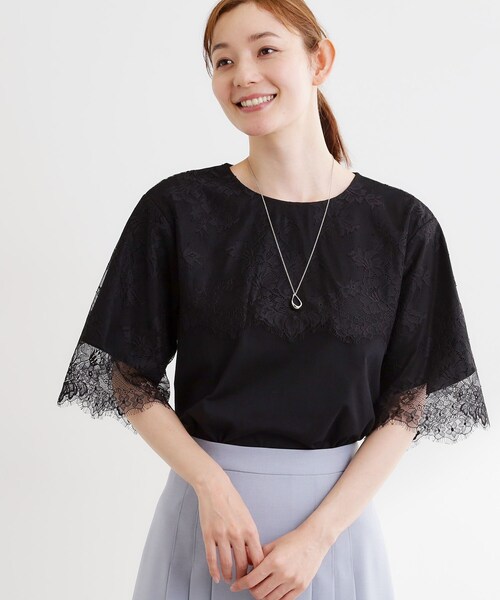 Reflect(リフレクト)の「【UVカット/接触冷感】スカラップレースジャージカットソー(Tシャツ/カットソー・レディース・ブラック/ホワイト・09/11)」の1枚目の写真