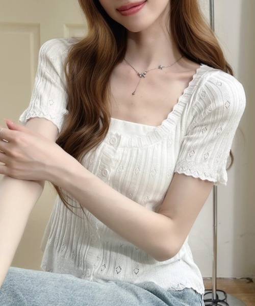 Ada.(エイダ)の「透かし編みUネック 半袖カーディガン(カーディガン/ボレロ・レディース・ブラック/レッド/ホワイト・FREE)」の10枚目の写真