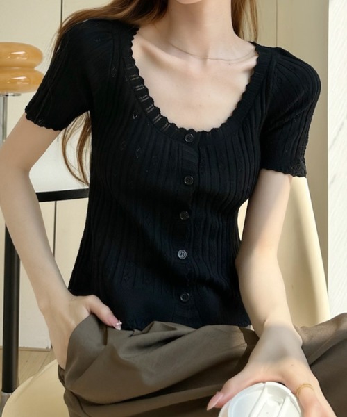 Ada.(エイダ)の「透かし編みUネック 半袖カーディガン(カーディガン/ボレロ・レディース・ブラック/レッド/ホワイト・FREE)」の19枚目の写真