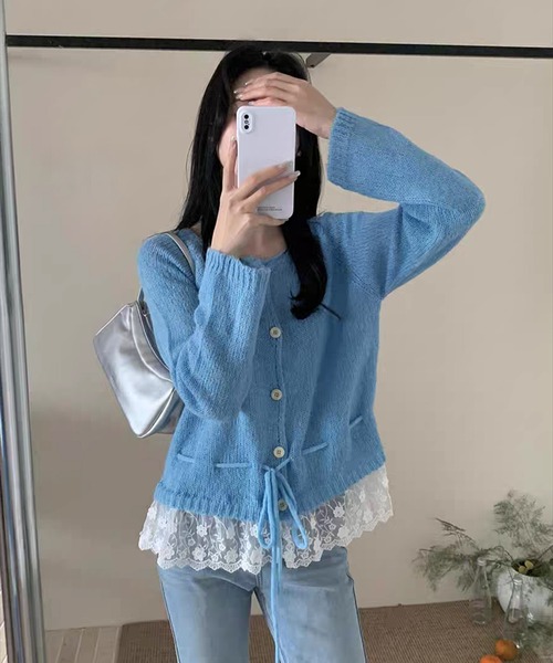 Girly Doll(ガーリードール)の「裾レースレイヤード風ニットカーディガン(カーディガン/ボレロ・レディース・イエロー/ホワイト/ピンク/グリーン/ブルー・FREE)」の9枚目の写真