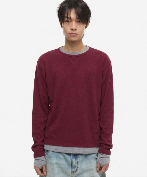 DNSR（ディーエヌエスアール）の「[オンフリックxDNSR] レイヤードボートネックロングスリーブバーガンディ/グレー（Tシャツ/カットソー・メンズ・その他・X-LARGE/LARGE/MEDIUM）」の2枚目の写真