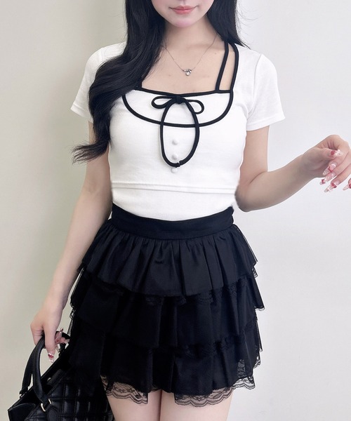 INGNI（イング）の「配色パイピングリボンレイヤードトップス（Tシャツ/カットソー・レディース・ベージュ系7/ピンク系7/ブラック×ホワイト/ホワイト×ブラック・M）」の7枚目の写真