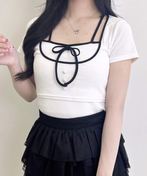 INGNI（イング）の「配色パイピングリボンレイヤードトップス（Tシャツ/カットソー・レディース・ベージュ系7/ピンク系7/ブラック×ホワイト/ホワイト×ブラック・M）」の8枚目の写真