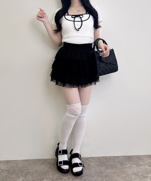INGNI（イング）の「配色パイピングリボンレイヤードトップス（Tシャツ/カットソー・レディース・ベージュ系7/ピンク系7/ブラック×ホワイト/ホワイト×ブラック・M）」の11枚目の写真