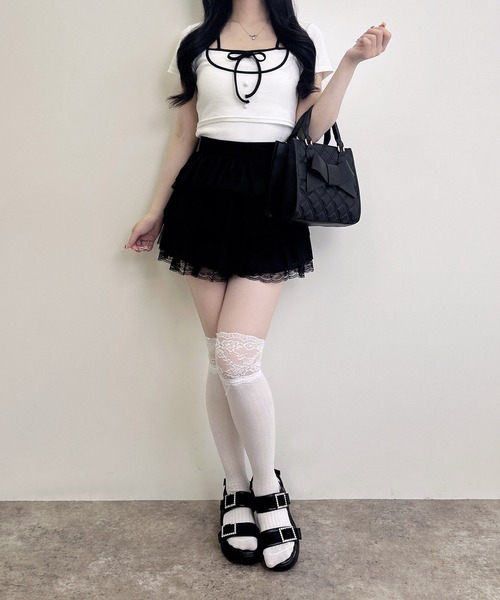 INGNI（イング）の「配色パイピングリボンレイヤードトップス（Tシャツ/カットソー・レディース・ベージュ系7/ピンク系7/ブラック×ホワイト/ホワイト×ブラック・M）」の12枚目の写真