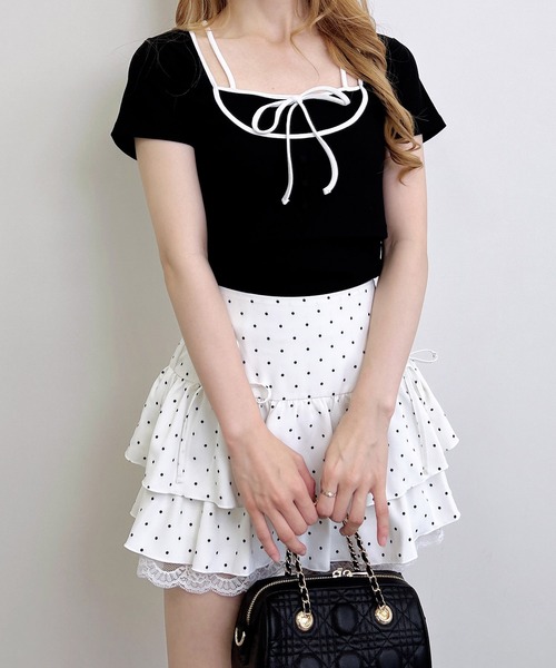 INGNI（イング）の「配色パイピングリボンレイヤードトップス（Tシャツ/カットソー・レディース・ベージュ系7/ピンク系7/ブラック×ホワイト/ホワイト×ブラック・M）」の14枚目の写真