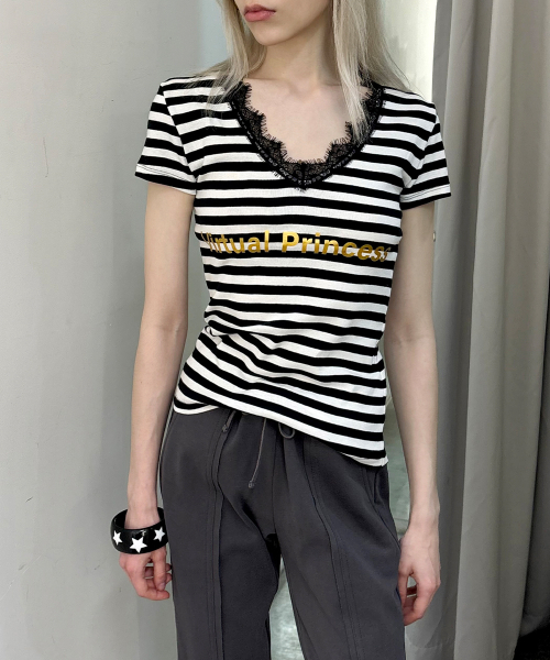 セール】レースストライプ半袖Tシャツ(ブラック)（Tシャツ/カットソー 
