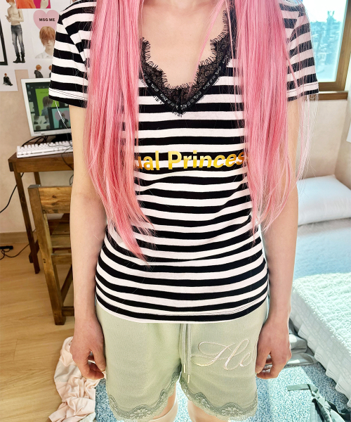 セール】レースストライプ半袖Tシャツ(ブラック)（Tシャツ/カットソー 