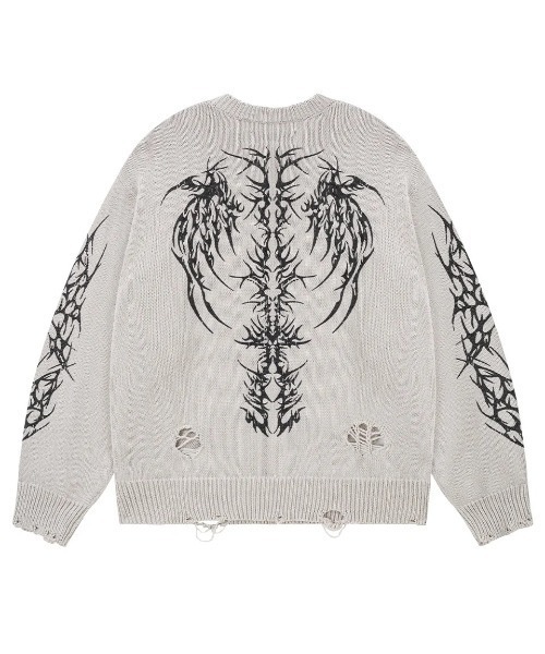 SUPPLIER(サプライヤー)の「A'GEM/9 × .kom 『SUPPLIER/サプライヤー』 Distressed Tribal Bones Crew Knit/ディストレスト トライバル ボーン クルー ニット(ニット/セーター・メンズ・ブラック/グレー・L)」の2枚目の写真