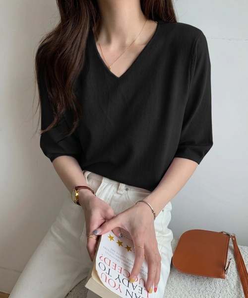 HAILY(ヘイリー)の「5分袖Vネックシンプルニット(ニット/セーター・レディース・ベージュ/パープル/ホワイト/レッド/ブラック/アイボリー・FREE)」の18枚目の写真