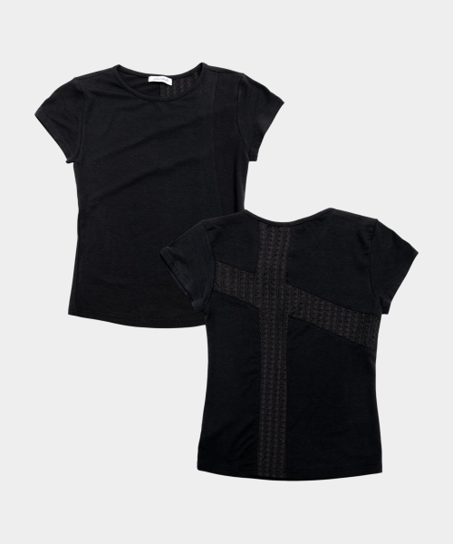 PLACE STUDIO（プレイススタジオ）の「バッククロスレース配色ポイントベーシックセミクロップウィメンズ半袖Tシャツ[ブラック]（Tシャツ/カットソー・レディース・ブラック・FREE）」の6枚目の写真