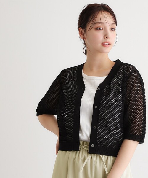 LAURA ASHLEY(ローラアシュレイ)の「【リネン混素材/洗える】フィッシュネットカーディガン(カーディガン/ボレロ・レディース・ブラック/グリーン/アイボリー・40/38)」の1枚目の写真