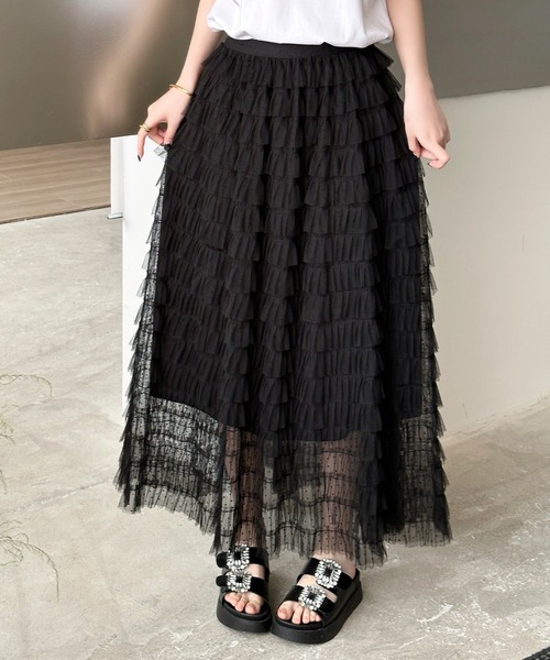DAY CLOSET(デイ クローゼット)の「【ロング丈/旬のフロッキー加工】透け感際立つシアードット柄 ティアード チュール スカート レディース(スカート・レディース・ブラック・FREE)」の1枚目の写真