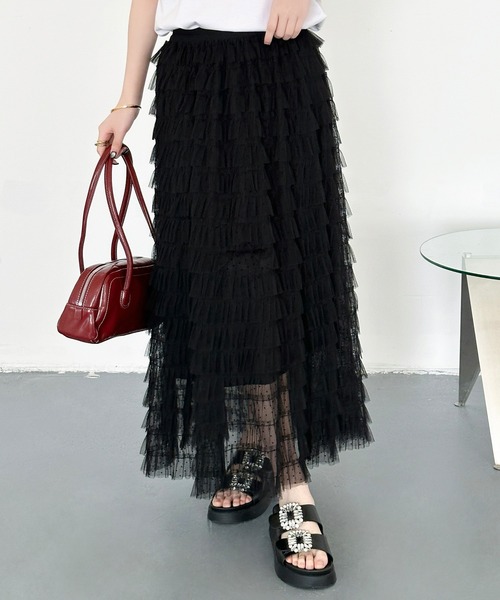 DAY CLOSET(デイ クローゼット)の「【ロング丈/旬のフロッキー加工】透け感際立つシアードット柄 ティアード チュール スカート レディース(スカート・レディース・ブラック・FREE)」の2枚目の写真