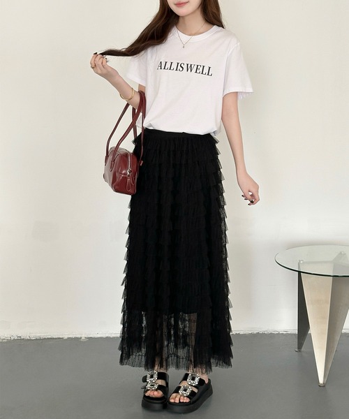 DAY CLOSET(デイ クローゼット)の「【ロング丈/旬のフロッキー加工】透け感際立つシアードット柄 ティアード チュール スカート レディース(スカート・レディース・ブラック・FREE)」の6枚目の写真