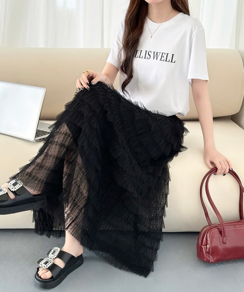 DAY CLOSET(デイ クローゼット)の「【ロング丈/旬のフロッキー加工】透け感際立つシアードット柄 ティアード チュール スカート レディース(スカート・レディース・ブラック・FREE)」の7枚目の写真
