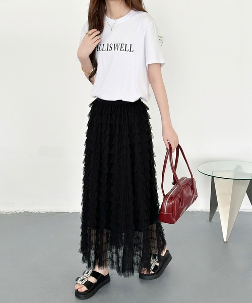 DAY CLOSET(デイ クローゼット)の「【ロング丈/旬のフロッキー加工】透け感際立つシアードット柄 ティアード チュール スカート レディース(スカート・レディース・ブラック・FREE)」の8枚目の写真