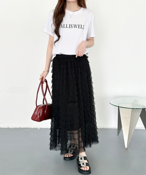 DAY CLOSET(デイ クローゼット)の「【ロング丈/旬のフロッキー加工】透け感際立つシアードット柄 ティアード チュール スカート レディース(スカート・レディース・ブラック・FREE)」の9枚目の写真