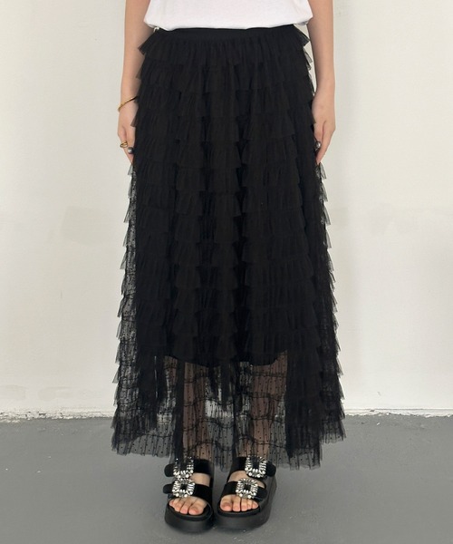 DAY CLOSET(デイ クローゼット)の「【ロング丈/旬のフロッキー加工】透け感際立つシアードット柄 ティアード チュール スカート レディース(スカート・レディース・ブラック・FREE)」の14枚目の写真