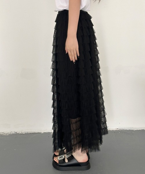 DAY CLOSET(デイ クローゼット)の「【ロング丈/旬のフロッキー加工】透け感際立つシアードット柄 ティアード チュール スカート レディース(スカート・レディース・ブラック・FREE)」の15枚目の写真