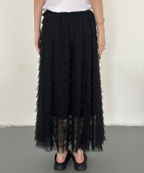 DAY CLOSET(デイ クローゼット)の「【ロング丈/旬のフロッキー加工】透け感際立つシアードット柄 ティアード チュール スカート レディース(スカート・レディース・ブラック・FREE)」の16枚目の写真
