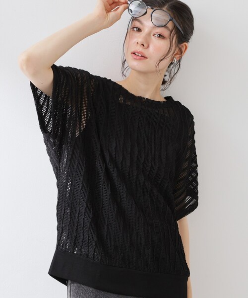 THE SHOP TK （ザ ショップ ティーケー ）の「見た目涼やか メッシュジャカードトップス（Tシャツ/カットソー・レディース・ブラック/サンドベージュ・99）」の16枚目の写真