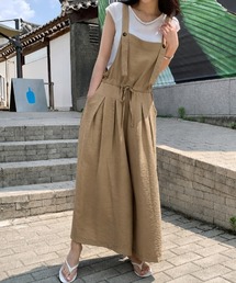 リネンライクな大人サロペット ドロストワイドサロペット フレア タック ドロストサロペット ワイドパンツ サロペット リネンライク パンツ きれいめ カジュアル 春服 夏服