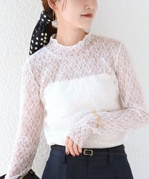 〈手洗い可能〉フラワー ストレッチ レース ハイネック トップス