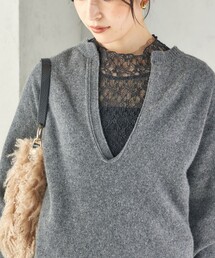 〈手洗い可能〉フラワー ストレッチ レース ハイネック トップス