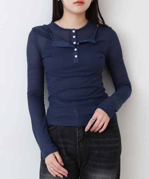 Bab(バブ)の「ボタンタンクセット ヘンリーネックトップス(Tシャツ/カットソー・レディース・ネイビー/ブラック/ブラウン/杢グレー・MEDIUM)」の1枚目の写真