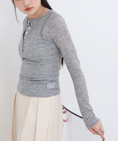Bab(バブ)の「ボタンタンクセット ヘンリーネックトップス(Tシャツ/カットソー・レディース・ネイビー/ブラック/ブラウン/杢グレー・MEDIUM)」の6枚目の写真