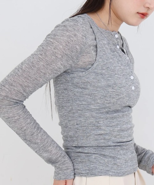 Bab(バブ)の「ボタンタンクセット ヘンリーネックトップス(Tシャツ/カットソー・レディース・ネイビー/ブラック/ブラウン/杢グレー・MEDIUM)」の11枚目の写真