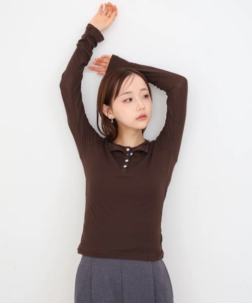 Bab(バブ)の「ボタンタンクセット ヘンリーネックトップス(Tシャツ/カットソー・レディース・ネイビー/ブラック/ブラウン/杢グレー・MEDIUM)」の15枚目の写真