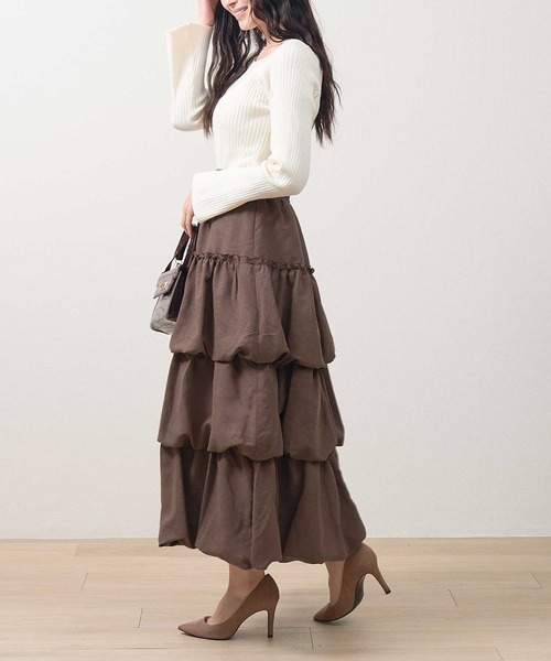 laulea（ラウレア）の「3段ティアードバルーンスカート ロング（スカート・レディース・ブラウン/ワインレッド/ブラック/ダークグレー・M）」の13枚目の写真
