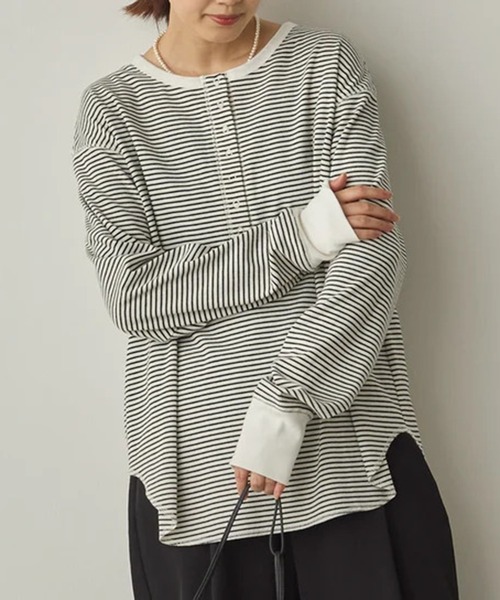 SETUP7（セットアップセブン）の「【SETUP7】リブヘンリーネックプルオーバー SPD（Tシャツ/カットソー・レディース・グレー/ブラック×ホワイト/アイボリー系1・FREE）」の3枚目の写真