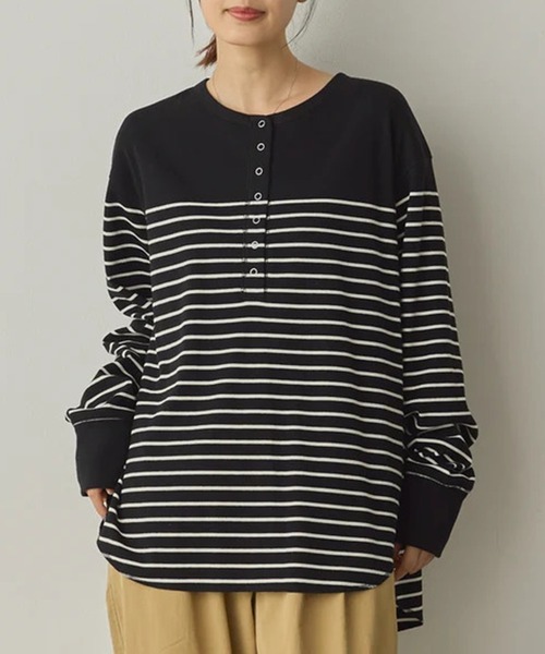 SETUP7（セットアップセブン）の「【SETUP7】リブヘンリーネックプルオーバー SPD（Tシャツ/カットソー・レディース・グレー/ブラック×ホワイト/アイボリー系1・FREE）」の2枚目の写真