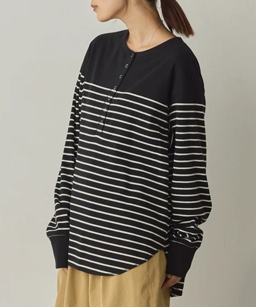 SETUP7（セットアップセブン）の「【SETUP7】リブヘンリーネックプルオーバー SPD（Tシャツ/カットソー・レディース・グレー/ブラック×ホワイト/アイボリー系1・FREE）」の4枚目の写真