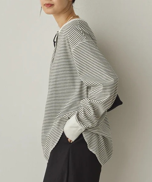 SETUP7（セットアップセブン）の「【SETUP7】リブヘンリーネックプルオーバー SPD（Tシャツ/カットソー・レディース・グレー/ブラック×ホワイト/アイボリー系1・FREE）」の8枚目の写真
