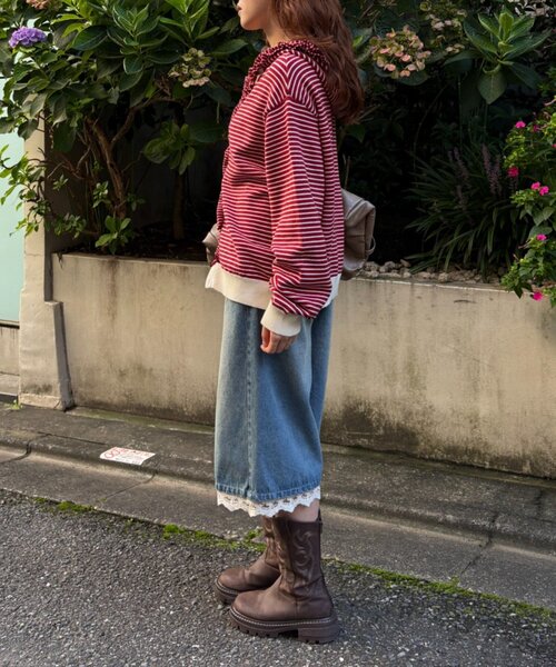 w closet(ダブルクローゼット)の「ボーダーフリルニットパーカー(パーカー・レディース・ブルー/グリーン/アイボリー/レッド・FREE)」の12枚目の写真