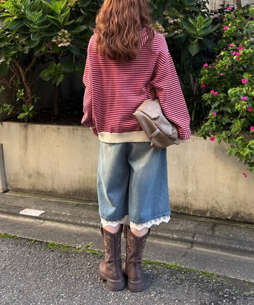 w closet(ダブルクローゼット)の「ボーダーフリルニットパーカー(パーカー・レディース・ブルー/グリーン/アイボリー/レッド・FREE)」の11枚目の写真